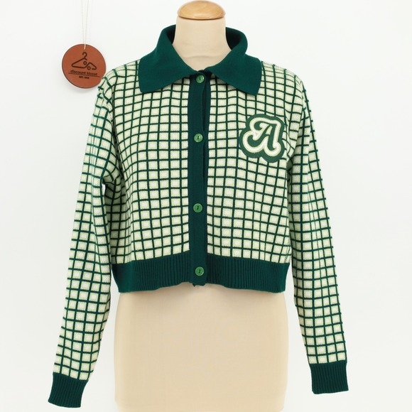 A Lot Studio Sweaters - A Lot Studio Green Grid Cropped Varsity Cardigan Sweater Letterman Patch Medium